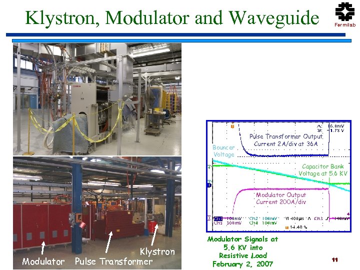 Klystron, Modulator and Waveguide Bouncer Voltage Fermilab Pulse Transformer Output Current 2 A/div at