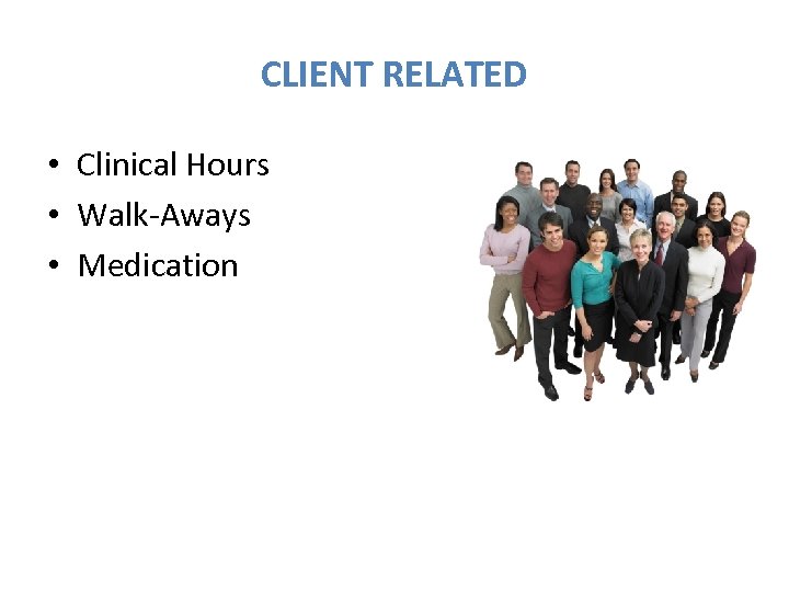 CLIENT RELATED • Clinical Hours • Walk-Aways • Medication 