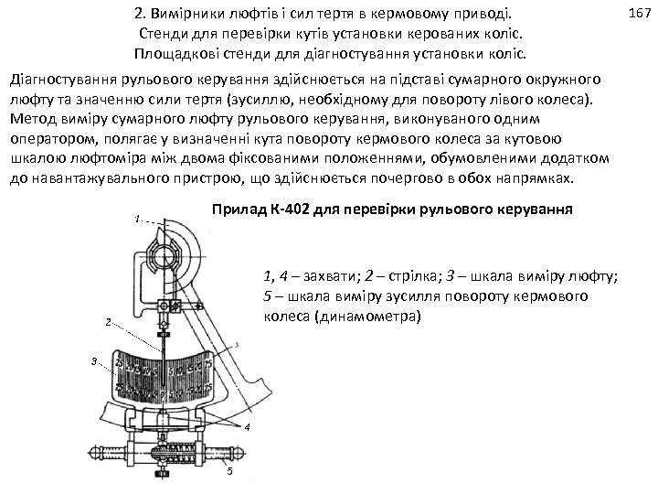2. Вимірники люфтів і сил тертя в кермовому приводі. Стенди для перевірки кутів установки