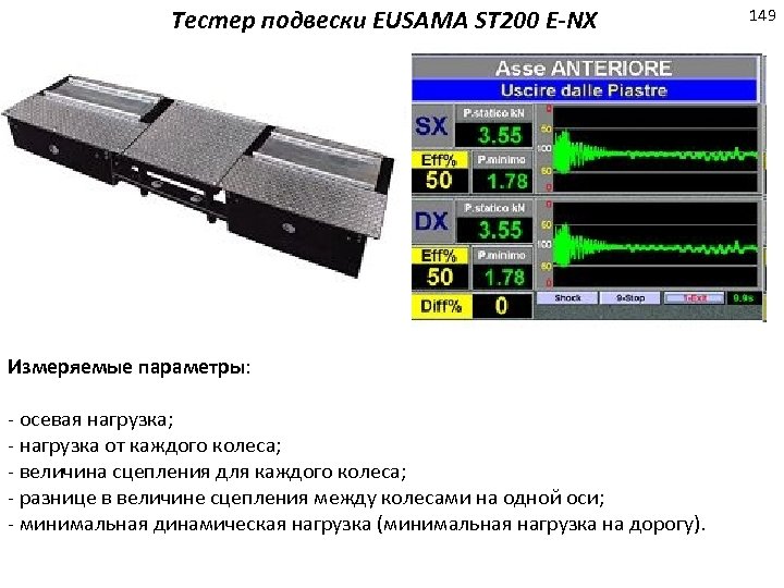 Тестер подвески EUSAMA ST 200 E-NX Измеряемые параметры: осевая нагрузка; нагрузка от каждого колеса;