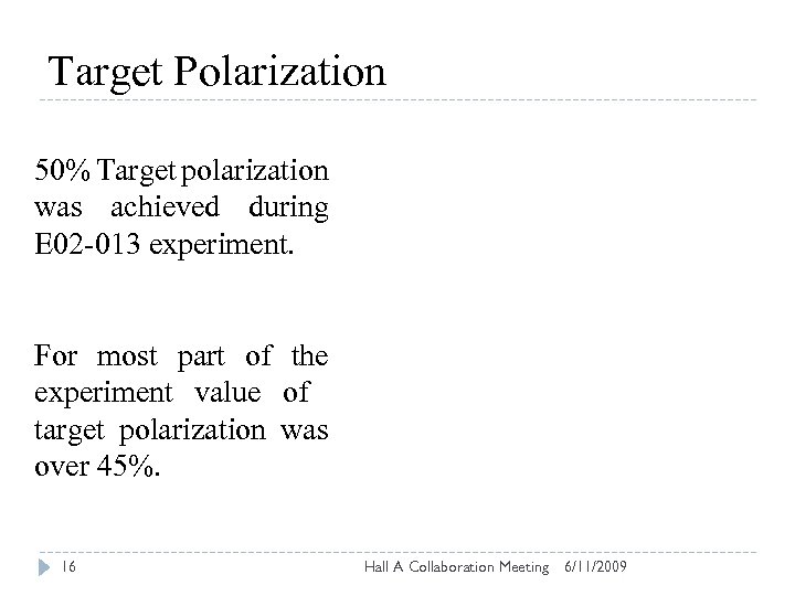 Target Polarization 50% Target polarization was achieved during E 02 -013 experiment. For most