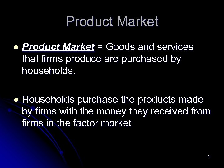 Product Market l Product Market = Goods and services that firms produce are purchased