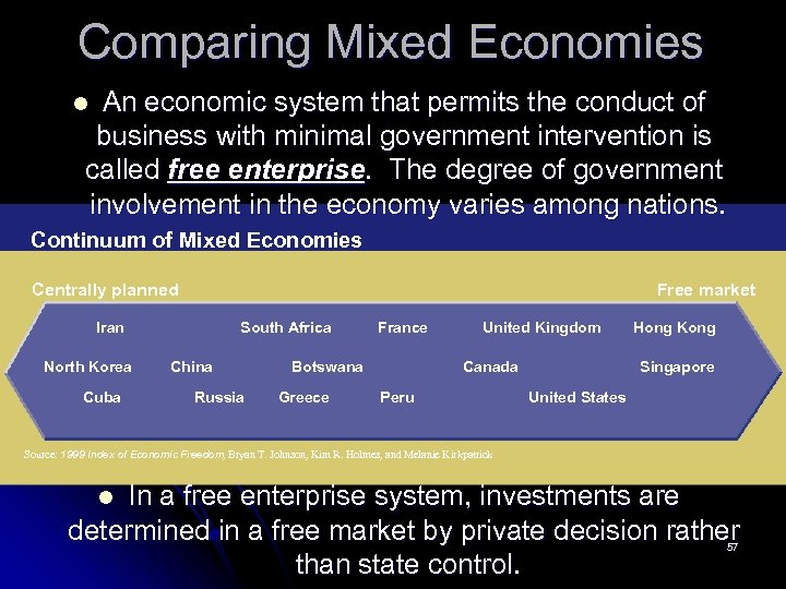 Comparing Mixed Economies An economic system that permits the conduct of business with minimal