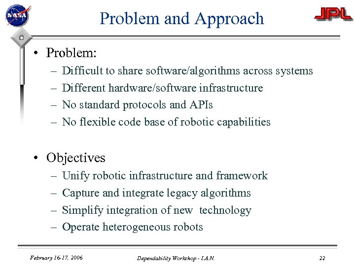 Problem and Approach • Problem: – – Difficult to share software/algorithms across systems Different