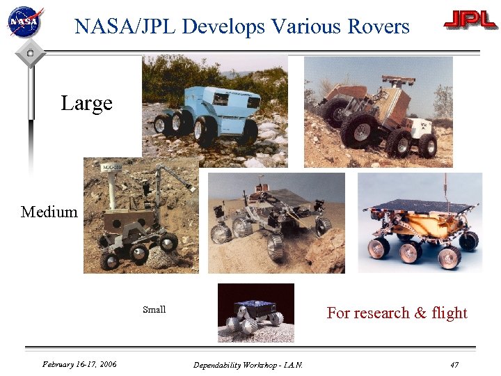 NASA/JPL Develops Various Rovers Large Medium For research & flight Small February 16 -17,