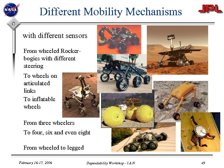 Different Mobility Mechanisms with different sensors From wheeled Rockerbogies with different steering To wheels