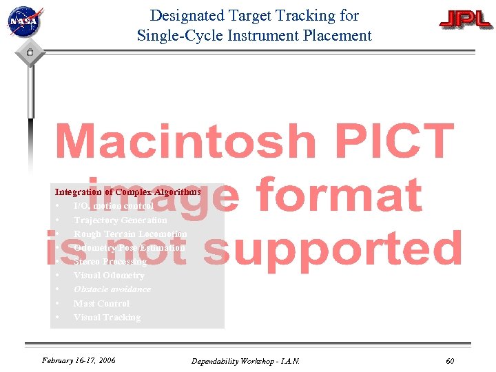 Designated Target Tracking for Single-Cycle Instrument Placement Integration of Complex Algorithms • I/O, motion