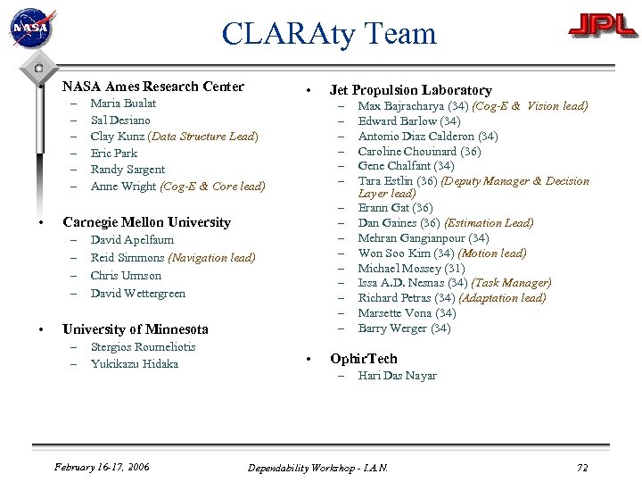 CLARAty Team • NASA Ames Research Center – – – • – – –