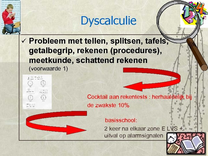 Dyscalculie ü Probleem met tellen, splitsen, tafels, getalbegrip, rekenen (procedures), meetkunde, schattend rekenen (voorwaarde