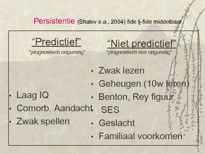 Persistentie (Shalev e. a. , 2004) 5 de lj-5 de middelbaar “Predictief” “Niet predictief”