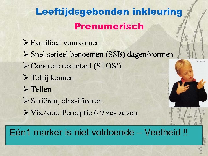 Leeftijdsgebonden inkleuring Prenumerisch Ø Familiaal voorkomen Ø Snel serieel benoemen (SSB) dagen/vormen Ø Concrete