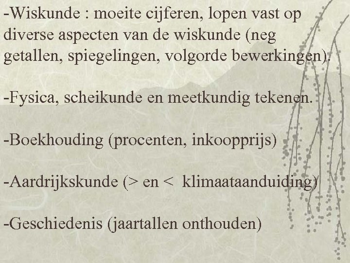 -Wiskunde : moeite cijferen, lopen vast op diverse aspecten van de wiskunde (neg getallen,