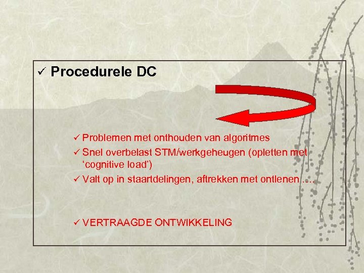 ü Procedurele DC ü Problemen met onthouden van algoritmes ü Snel overbelast STM/werkgeheugen (opletten