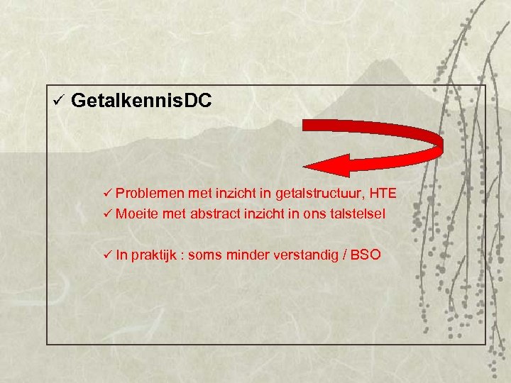 ü Getalkennis. DC ü Problemen met inzicht in getalstructuur, HTE ü Moeite met abstract