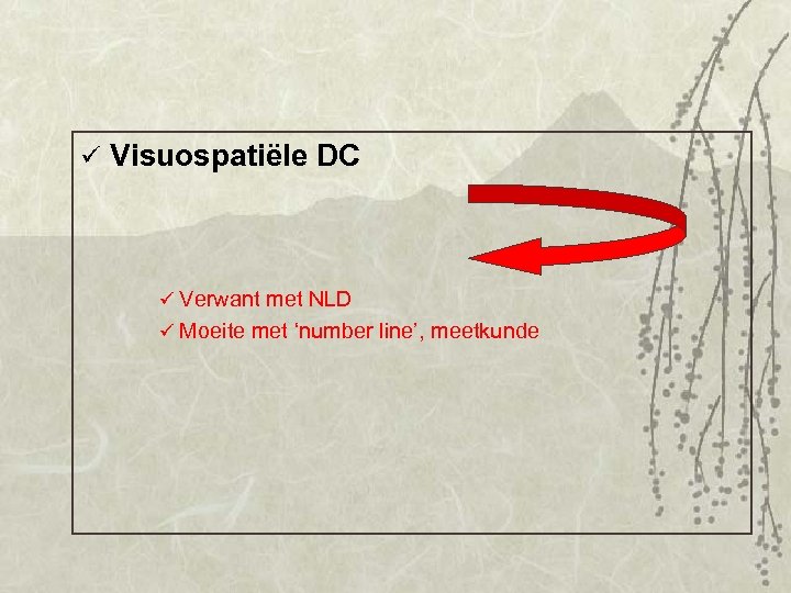 ü Visuospatiële DC ü Verwant met NLD ü Moeite met ‘number line’, meetkunde 