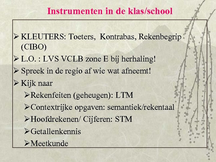 Instrumenten in de klas/school Ø KLEUTERS: Toeters, Kontrabas, Rekenbegrip (CIBO) Ø L. O. :