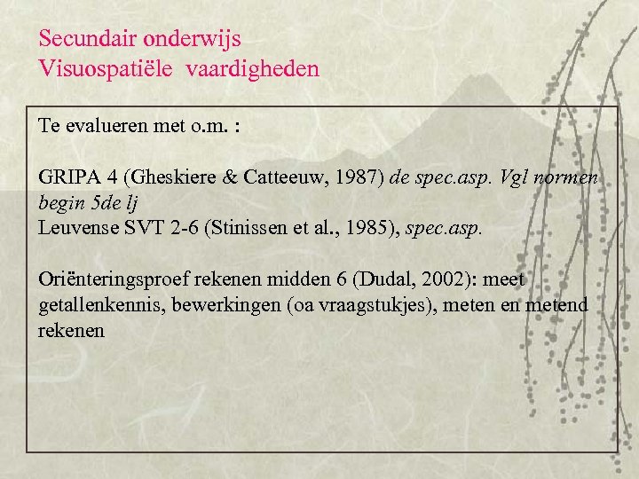 Secundair onderwijs Visuospatiële vaardigheden Te evalueren met o. m. : GRIPA 4 (Gheskiere &