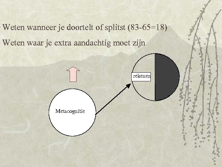  Weten wanneer je doortelt of splitst (83 -65=18) Weten waar je extra aandachtig