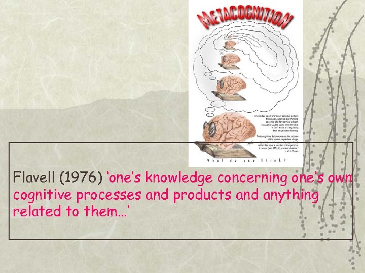 Flavell (1976) ‘one’s knowledge concerning one’s own cognitive processes and products and anything related
