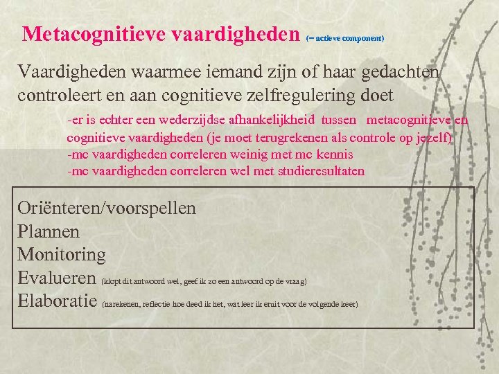 Metacognitieve vaardigheden (= actieve component) Vaardigheden waarmee iemand zijn of haar gedachten controleert en