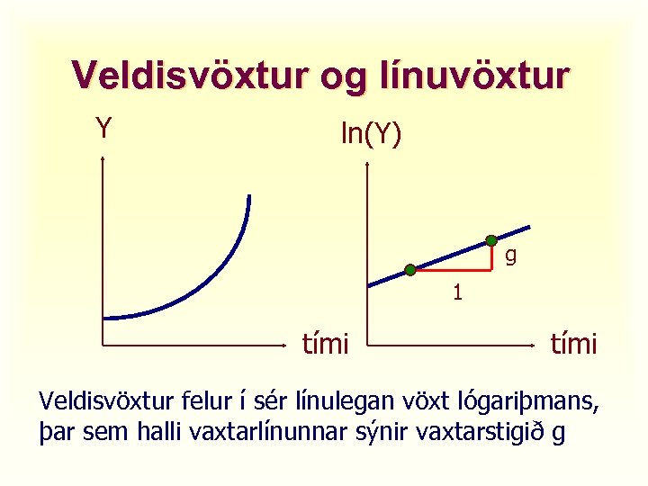 Veldisvöxtur og línuvöxtur Y ln(Y) g 1 tími Veldisvöxtur felur í sér línulegan vöxt