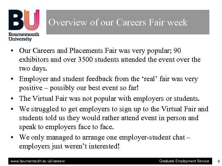 Overview of our Careers Fair week • Our Careers and Placements Fair was very