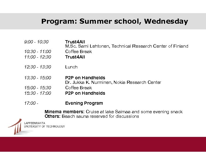 Program: Summer school, Wednesday 9: 00 - 10: 30 - 11: 00 - 12:
