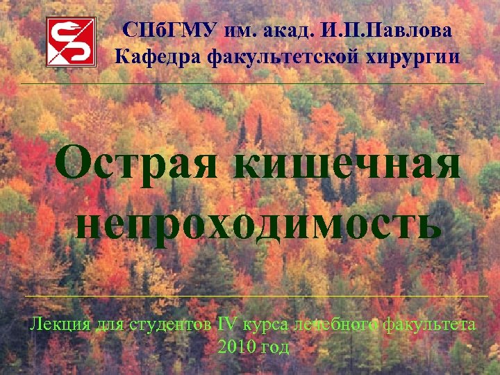 СПб. ГМУ им. акад. И. П. Павлова Кафедра факультетской хирургии Острая кишечная непроходимость Лекция