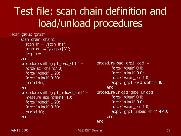 Test file: scan chain definition and load/unload procedures scan_group 