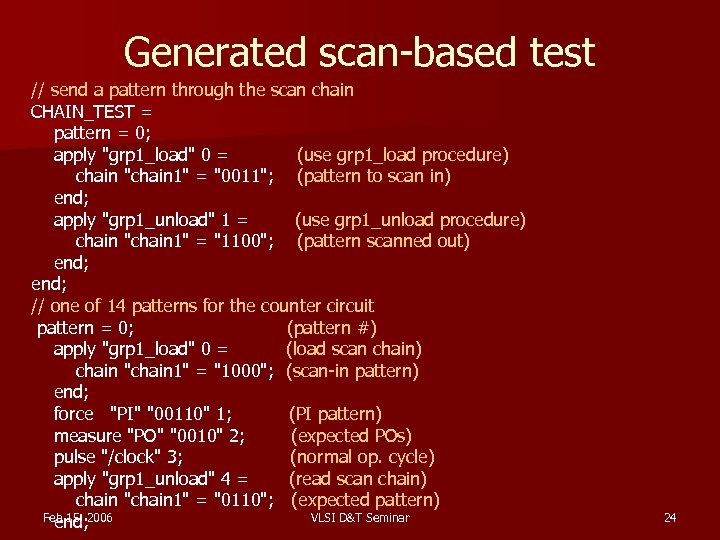 Generated scan-based test // send a pattern through the scan chain CHAIN_TEST = pattern