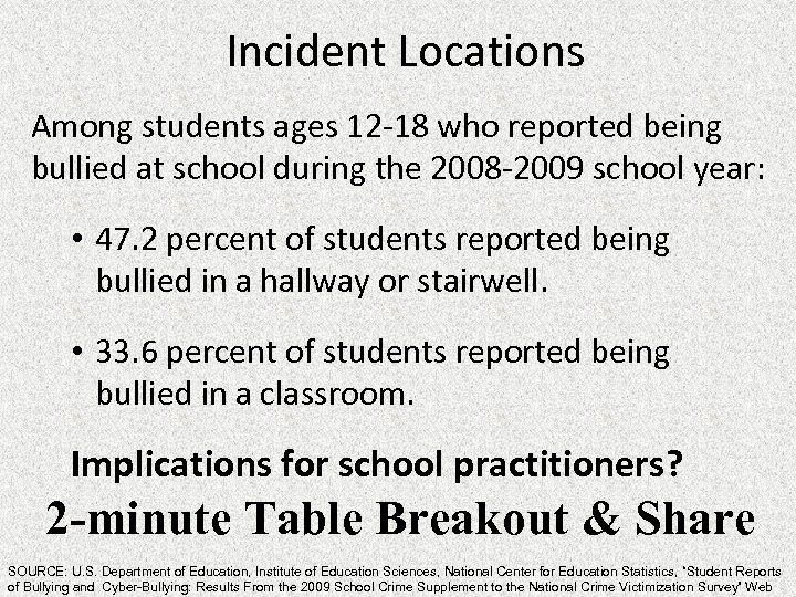 Incident Locations Among students ages 12 -18 who reported being bullied at school during