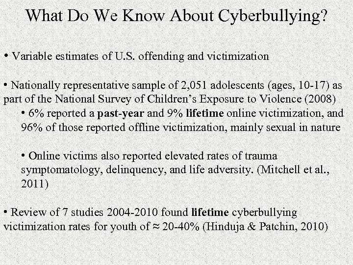 What Do We Know About Cyberbullying? • Variable estimates of U. S. offending and