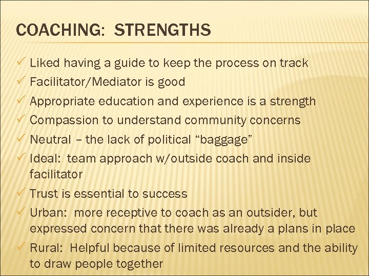 COACHING: STRENGTHS P Liked having a guide to keep the process on track P