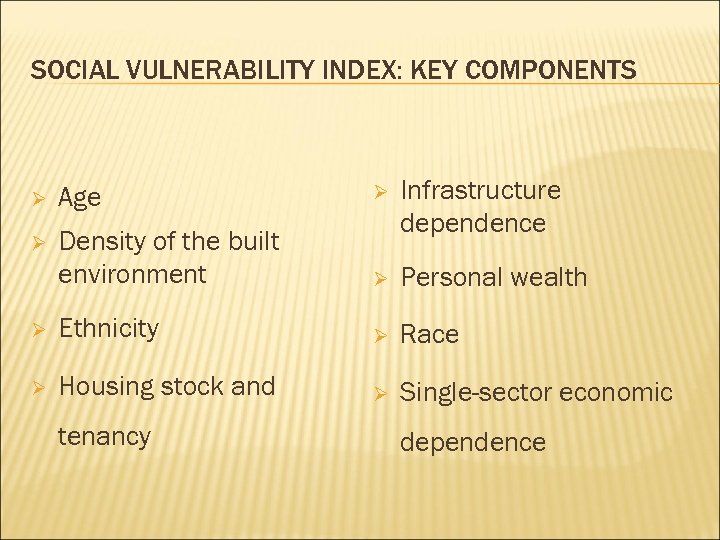 SOCIAL VULNERABILITY INDEX: KEY COMPONENTS Ø Age Ø Ø Density of the built environment