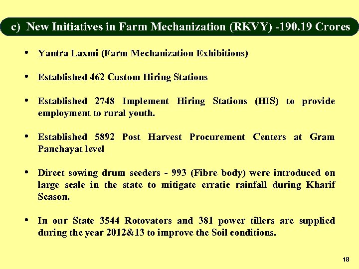 c) New Initiatives in Farm Mechanization (RKVY) -190. 19 Crores • Yantra Laxmi (Farm