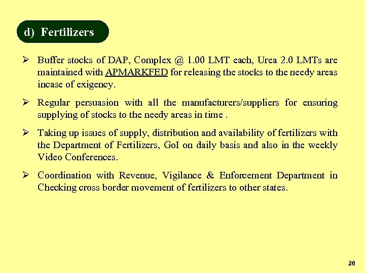 d) Fertilizers Ø Buffer stocks of DAP, Complex @ 1. 00 LMT each, Urea