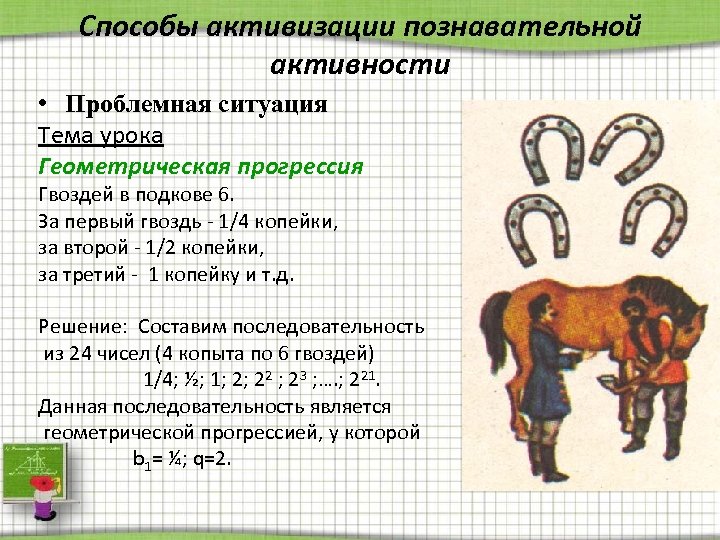 Способы активизации познавательной активности • Проблемная ситуация Тема урока Геометрическая прогрессия Гвоздей в подкове