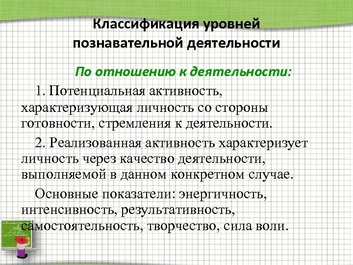 Классификация уровней познавательной деятельности По отношению к деятельности: 1. Потенциальная активность, характеризующая личность со