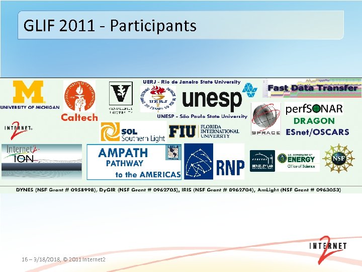 GLIF 2011 ‐ Participants 16 – 3/18/2018, © 2011 Internet 2 