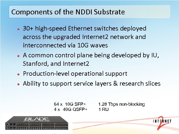 Components of the NDDI Substrate 30+ high‐speed Ethernet switches deployed across the upgraded Internet
