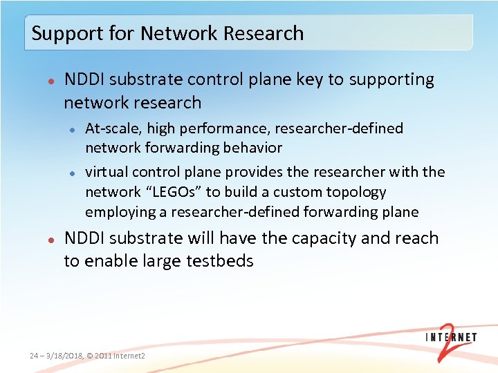 Support for Network Research NDDI substrate control plane key to supporting network research At‐scale,