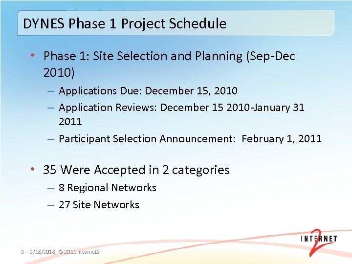 DYNES Phase 1 Project Schedule • Phase 1: Site Selection and Planning (Sep‐Dec 2010)