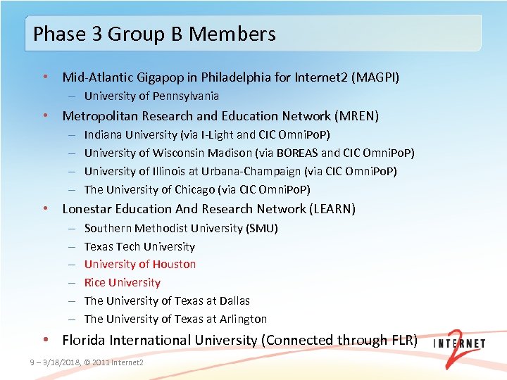 Phase 3 Group B Members • Mid‐Atlantic Gigapop in Philadelphia for Internet 2 (MAGPI)