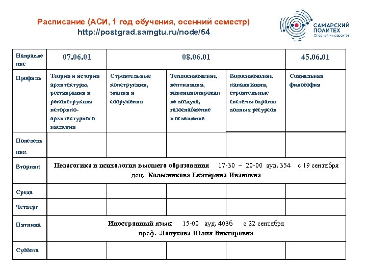 Расписание (АСИ, 1 год обучения, осенний семестр) http: //postgrad. samgtu. ru/node/64 Направле ние 07.