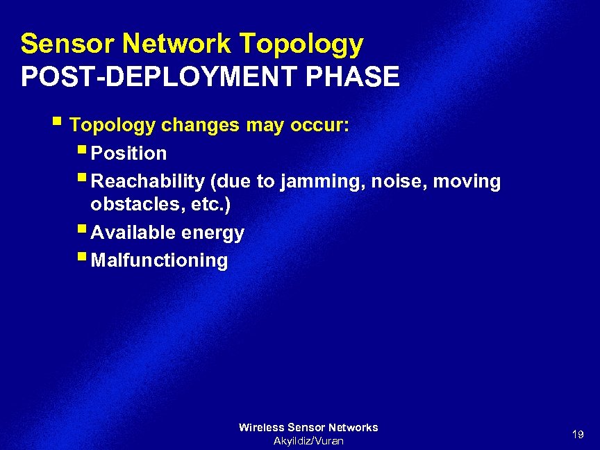 Sensor Network Topology POST-DEPLOYMENT PHASE § Topology changes may occur: § Position § Reachability