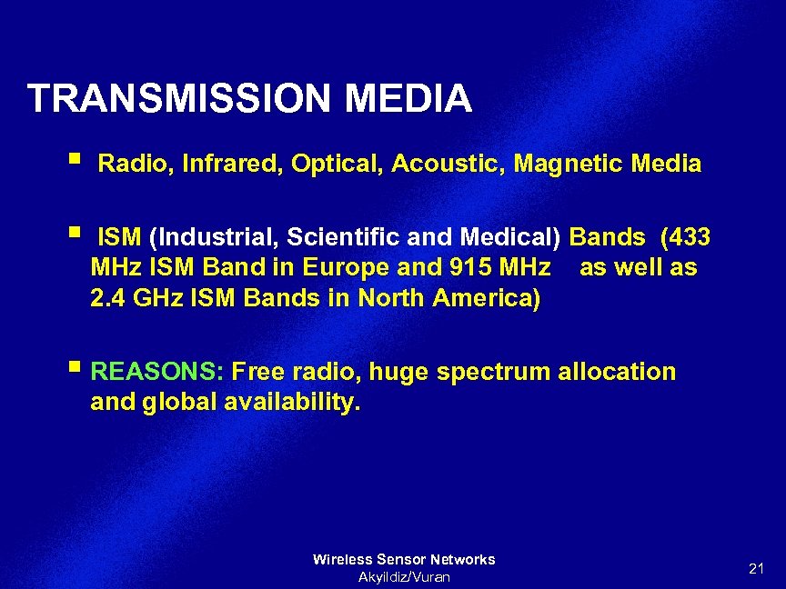 TRANSMISSION MEDIA § Radio, Infrared, Optical, Acoustic, Magnetic Media § ISM (Industrial, Scientific and