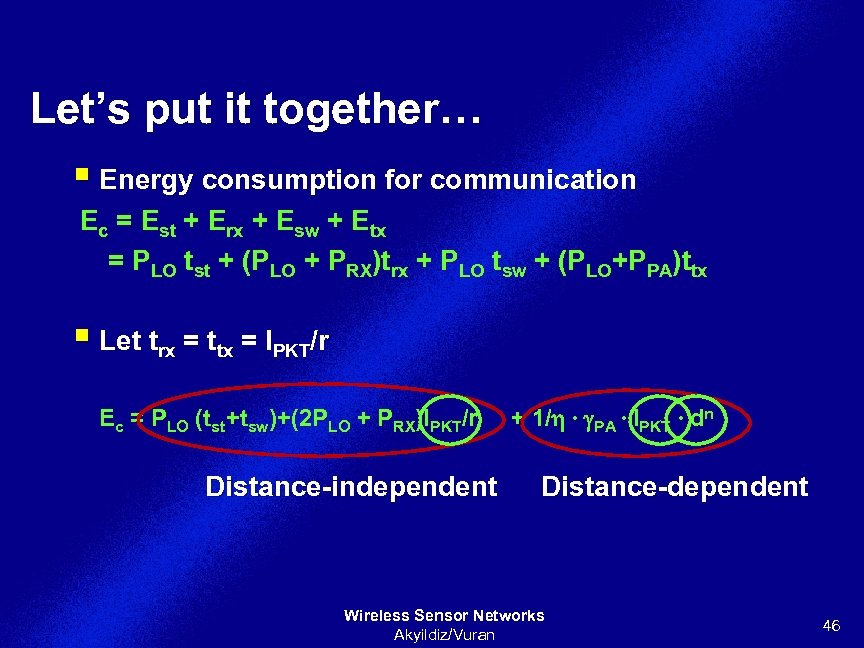 Let’s put it together… § Energy consumption for communication Ec = Est + Erx