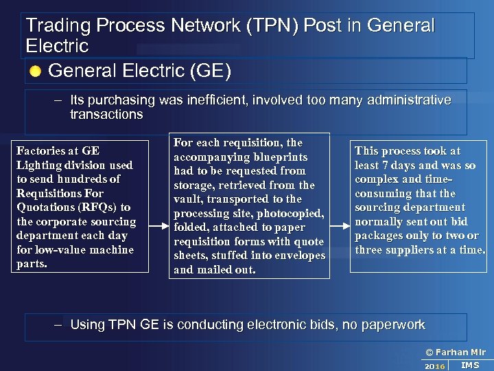 Trading Process Network (TPN) Post in General Electric (GE) – Its purchasing was inefficient,