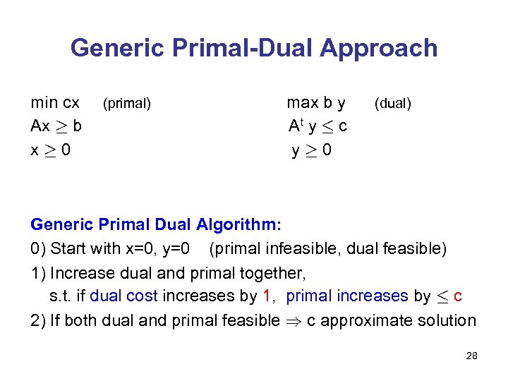 Generic Primal-Dual Approach min cx Ax ¸ b x¸ 0 (primal) max b y