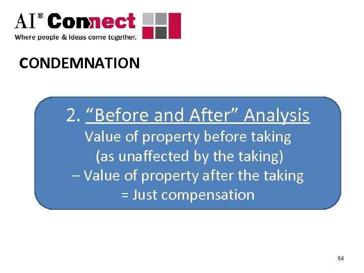 CONDEMNATION 2. “Before and After” Analysis Value of property before taking (as unaffected by